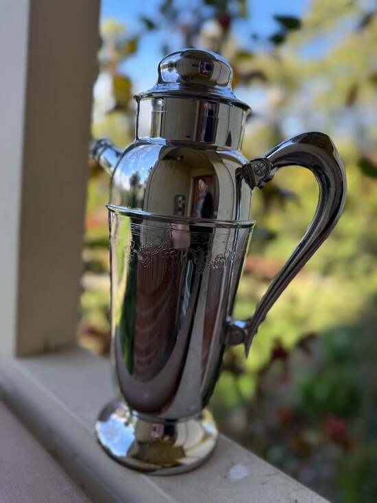 Vintage Art Deco Chrome Cocktail Shaker with Etched Grapevine Design